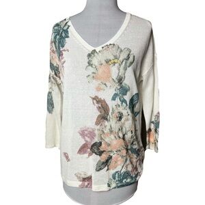 J. Jill | New Ivory Floral Linen Blend V-Neck Pullover Lightweight Sweater, XS